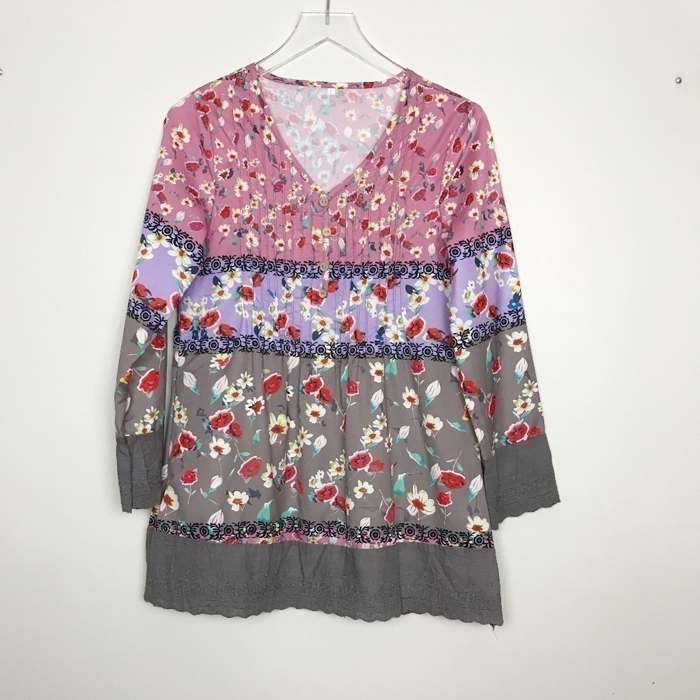 Multi Colored Tunic w/Embroidered Cuffs/Hem L NWOT